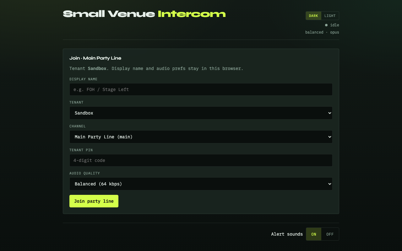 Small Venue Intercom sandbox join screen